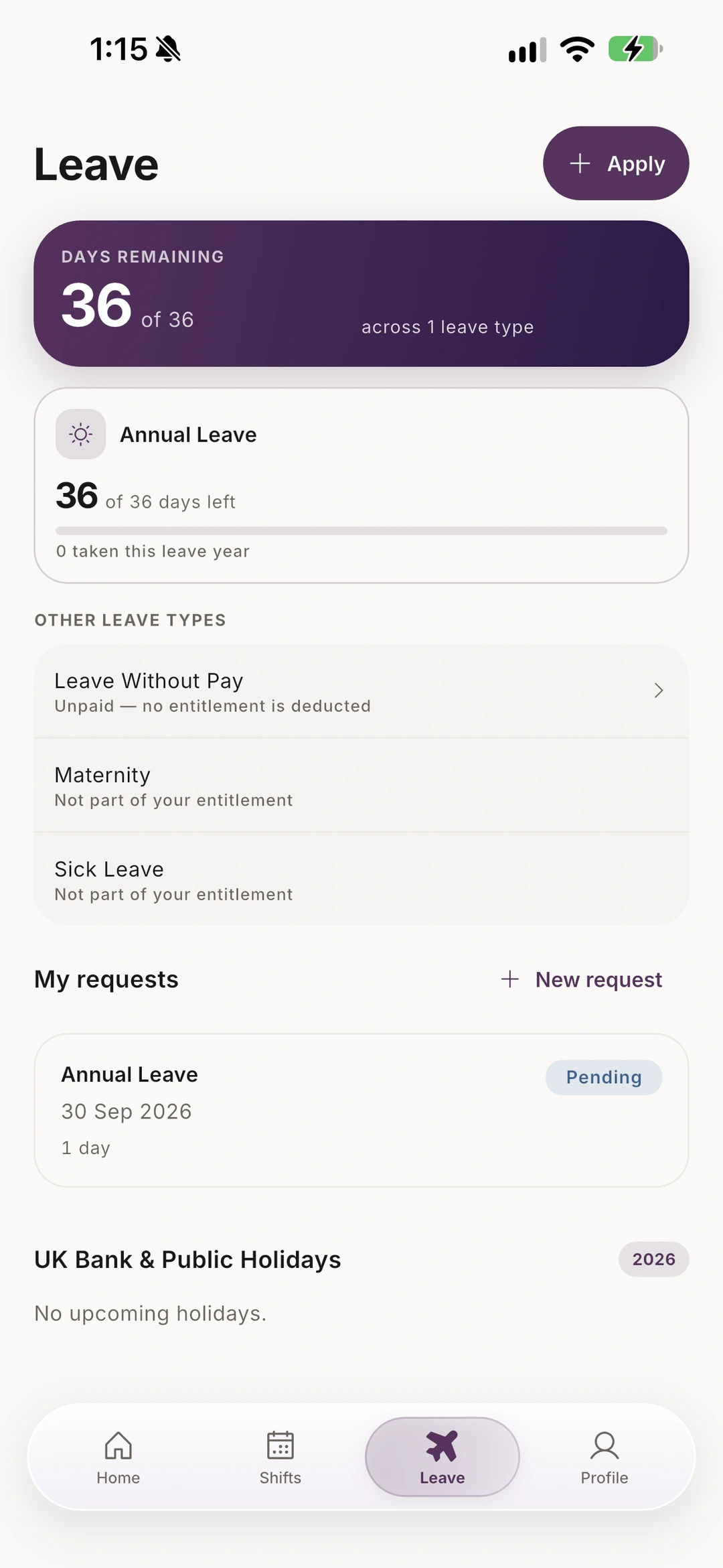 Kimo leave balance, leave categories and a pending annual leave request.